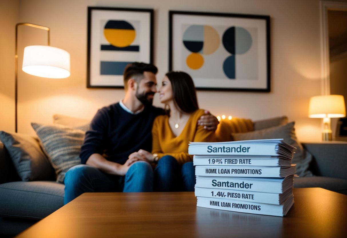 A cozy living room with a couple sitting on a comfortable couch, surrounded by warm lighting and a stack of paperwork labeled "Santander 1.94% Fixed Rate home loan promotions."