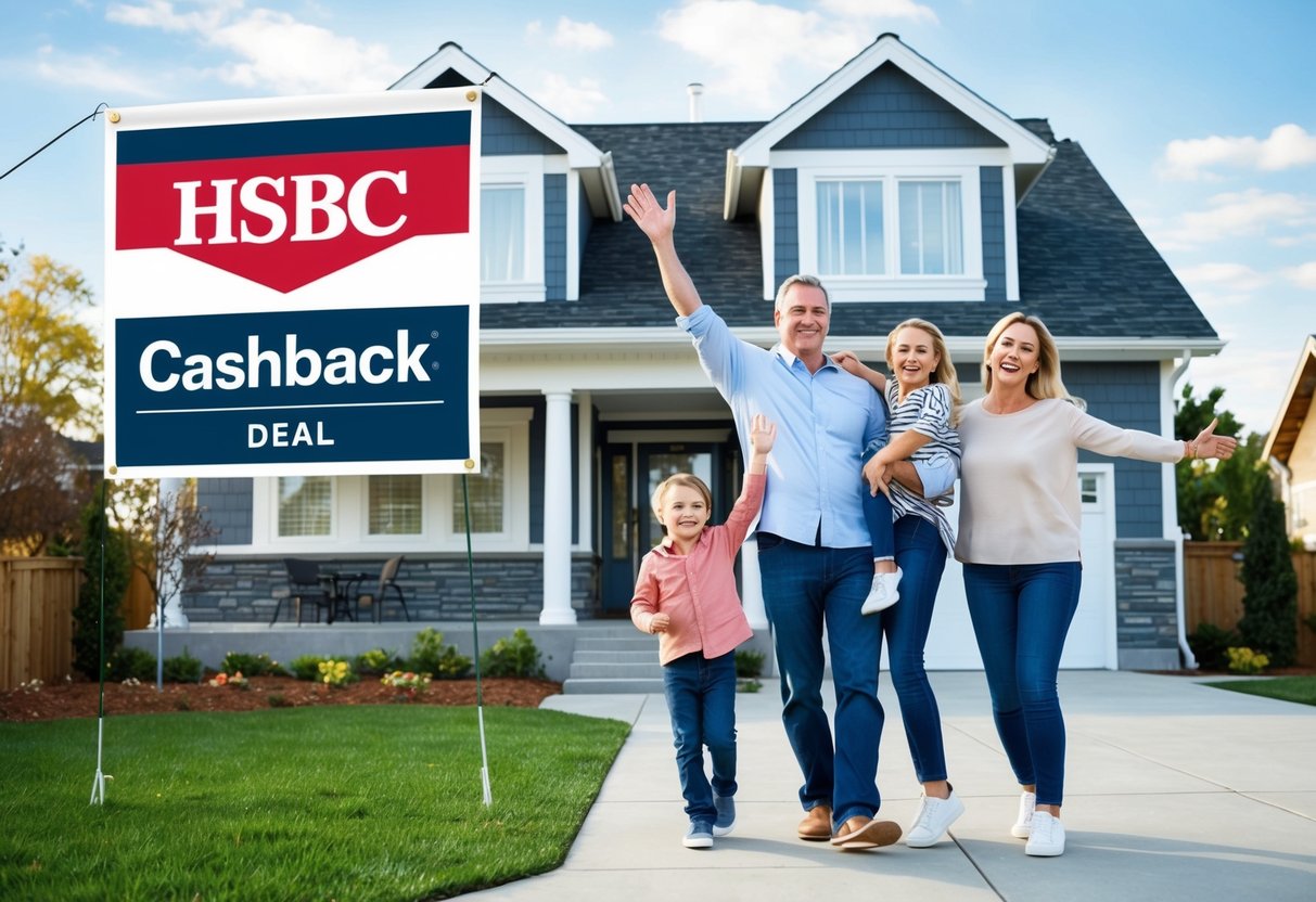 A family celebrating in front of a new house with a large HSBC Cashback Deal banner displayed prominently
