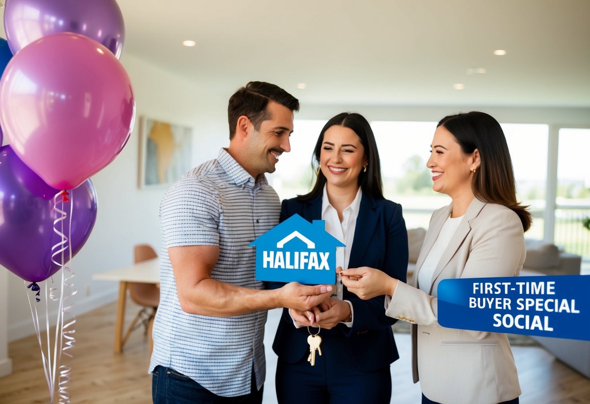 A happy couple receives keys to their new home from a Halifax representative, surrounded by balloons and a "First-Time Buyer Special" banner
