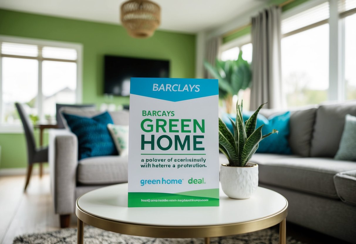 A cozy living room with eco-friendly decor and a prominent Barclays Green Home Deal promotion displayed on a table
