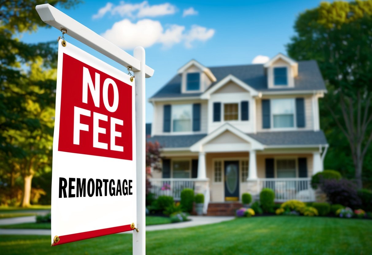A cozy house with a "No Fee Remortgage" banner flying proudly in the front yard