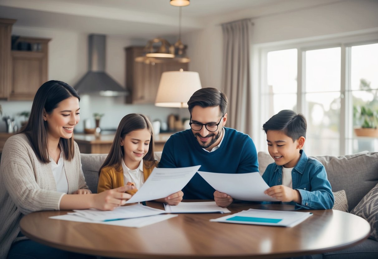 A cozy living room with a family gathered around a table, looking over paperwork and discussing the Virgin Money Interest-Only Promotion for home loans
