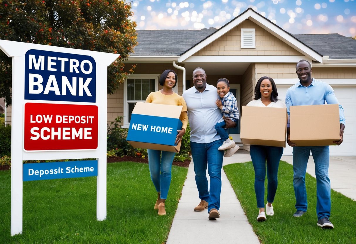 A family happily moves into a new home with a Metro Bank Low Deposit Scheme sign prominently displayed in the front yard
