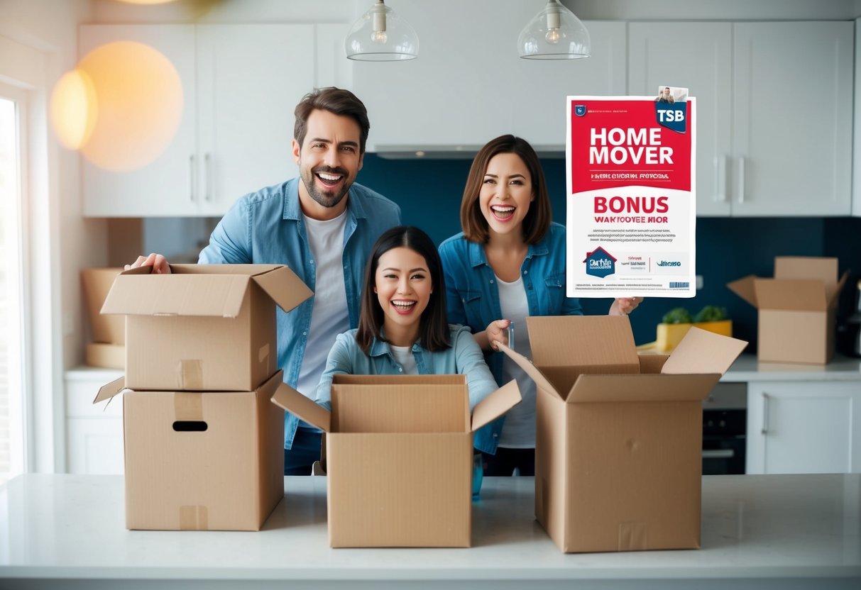 A family happily unpacking boxes in their new home, with a TSB Home Mover Bonus promotion flyer prominently displayed on the kitchen counter