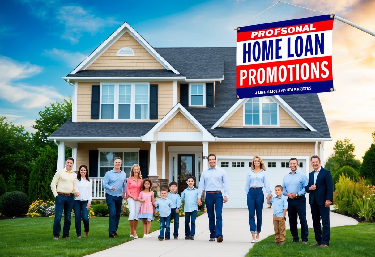 A cozy house with a large "Home Loan Promotions" banner displayed on the front lawn, surrounded by happy families and real estate agents