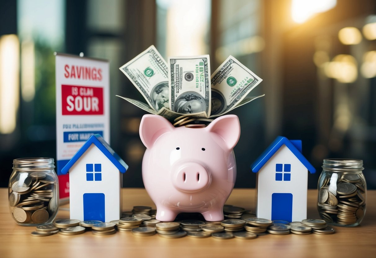 A piggy bank overflowing with coins and dollar bills, surrounded by a stack of house-shaped savings jars and a promotional banner