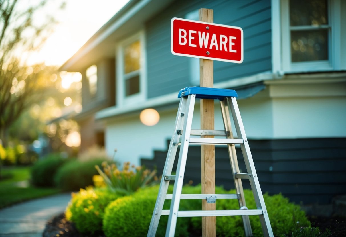 A house with a broken ladder and a "beware" sign