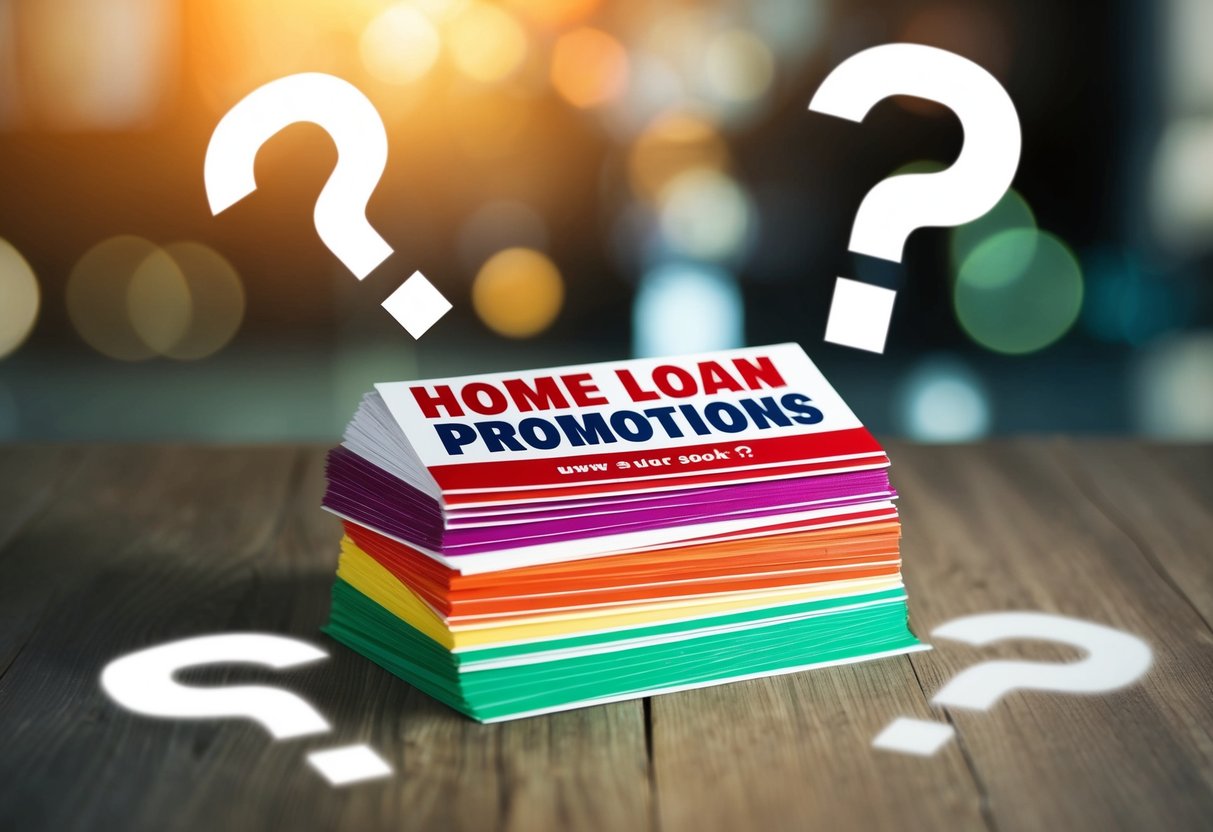 A stack of colorful flyers with "Home Loan Promotions" surrounded by question marks