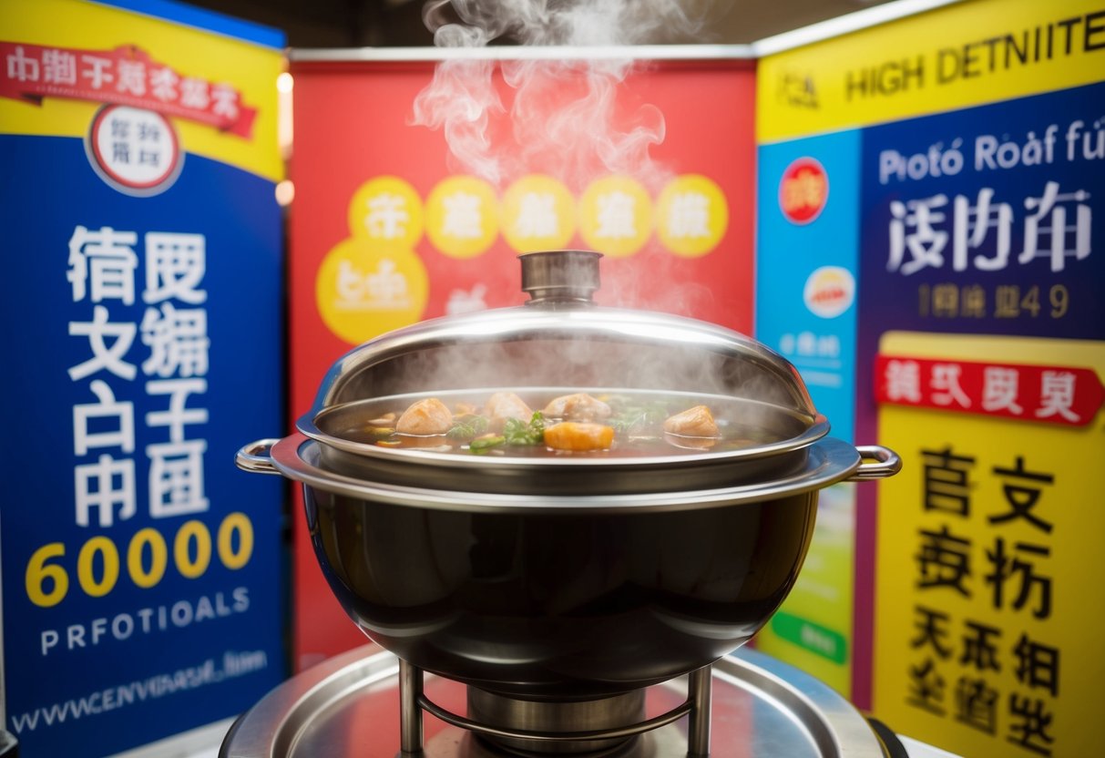 A steaming hotpot surrounded by colorful promotional banners and signs