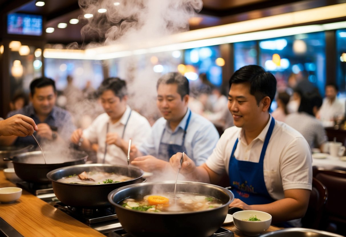 A bustling restaurant with steam rising from bubbling hotpots, diners enjoying the 3-for-2 promotion at Hotpot Palace