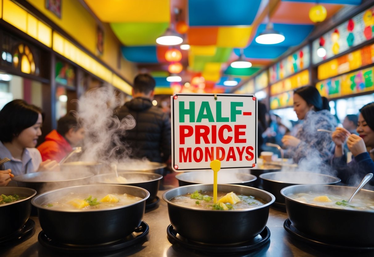 A bustling hotpot restaurant with colorful decor and a "Half-price Mondays" sign displayed prominently. Steam rises from bubbling pots as customers enjoy their meals