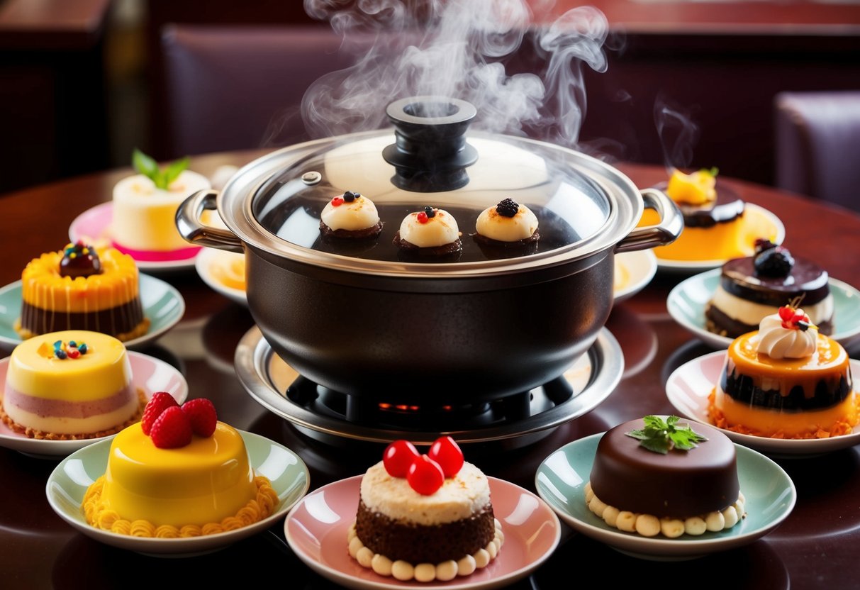 A steaming hotpot surrounded by a variety of colorful and tempting desserts on a table at Steamy Delights restaurant
