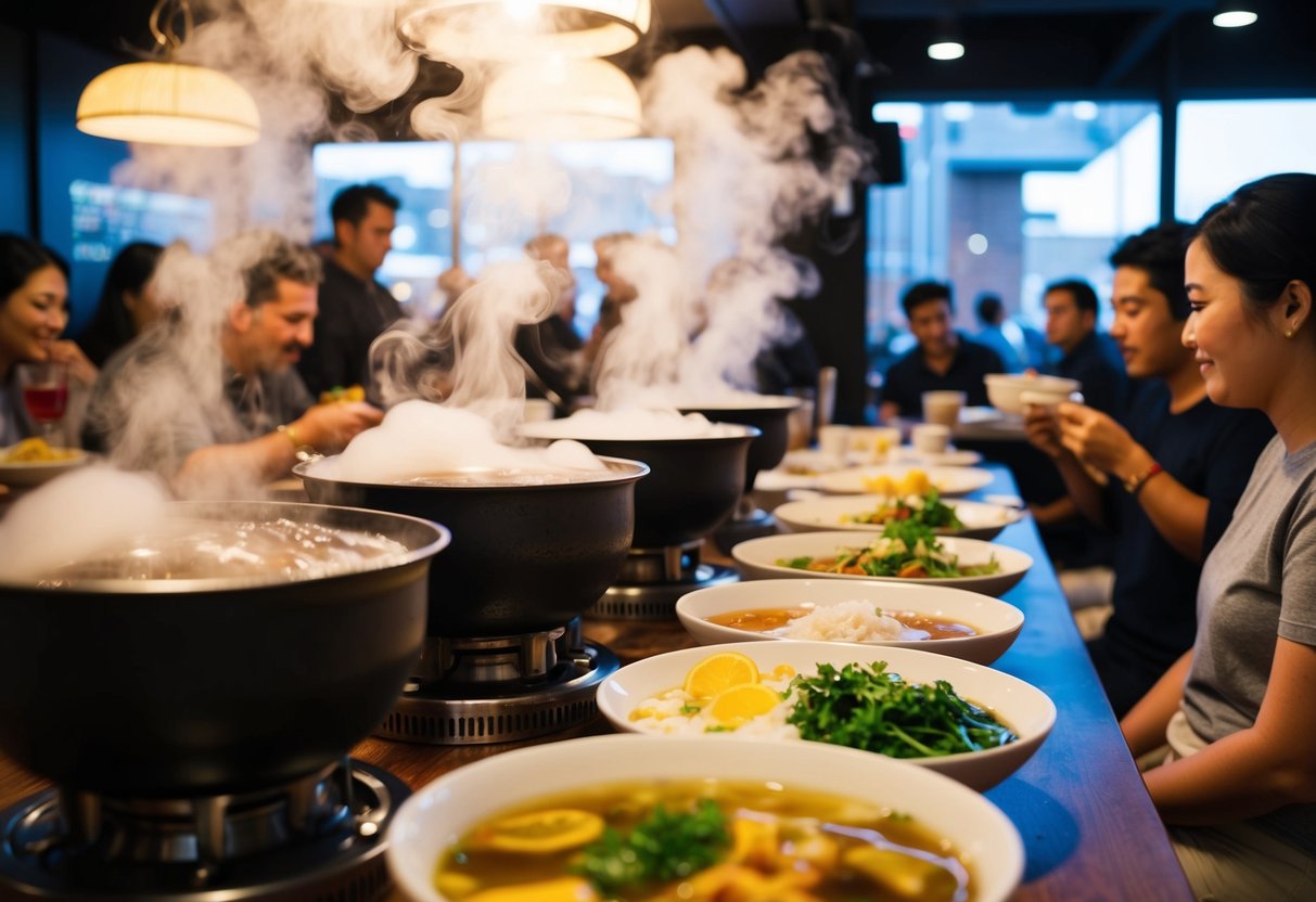 Steam rising from bubbling hotpots at Broth & Bowl, surrounded by tables filled with a variety of fresh ingredients and eager diners
