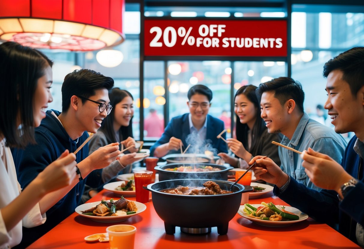 A group of students enjoying a hotpot meal at Chilli Pot, with a prominent "20% off for students" sign displayed