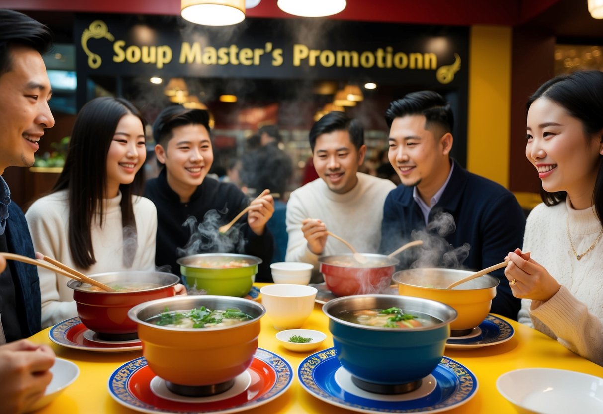 A colorful hotpot restaurant with four steaming pots surrounded by a group of friends enjoying a free starter at Soup Master's promotion