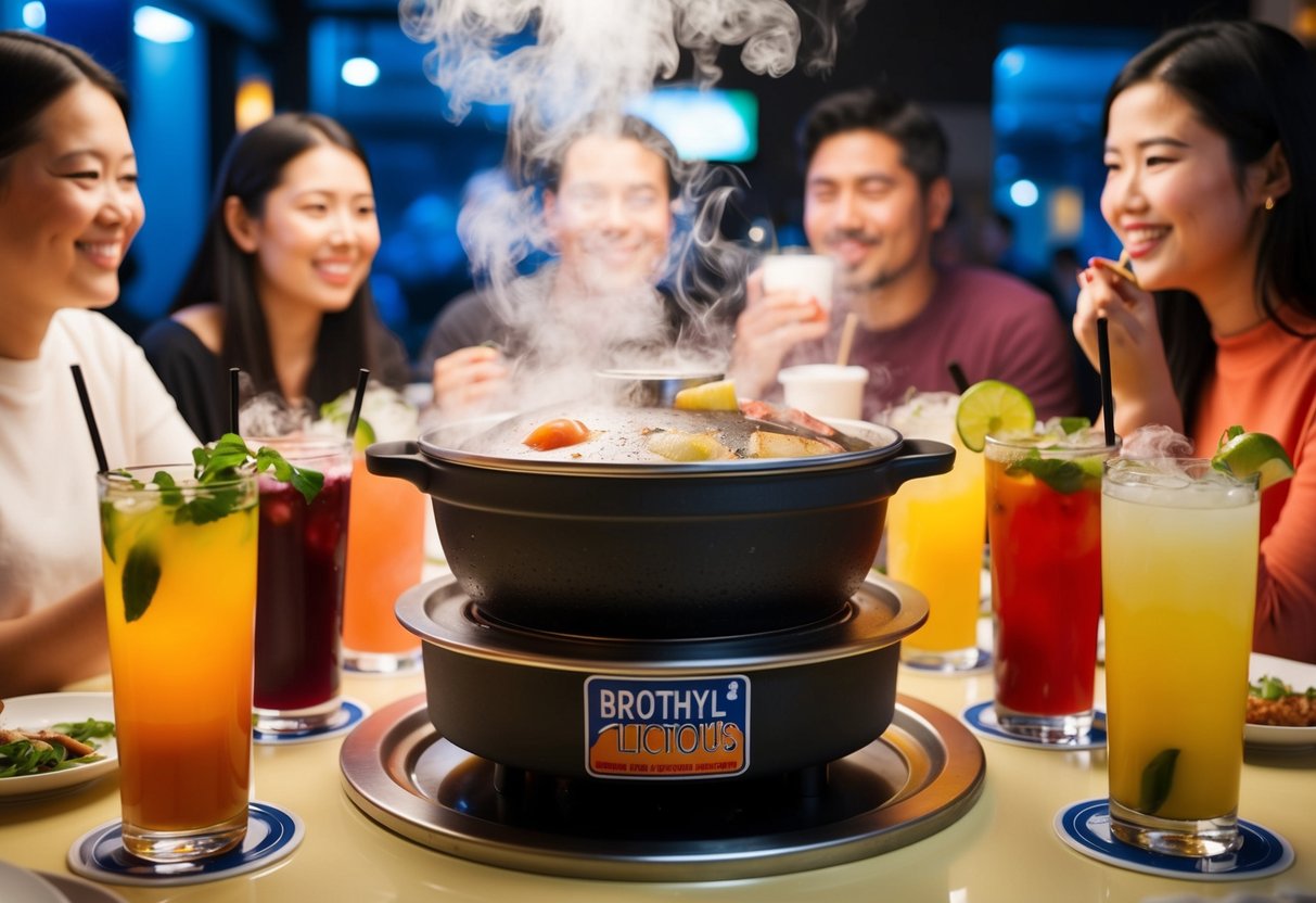 A steaming hotpot surrounded by colorful drinks at Brothylicious, with a lively atmosphere and happy customers