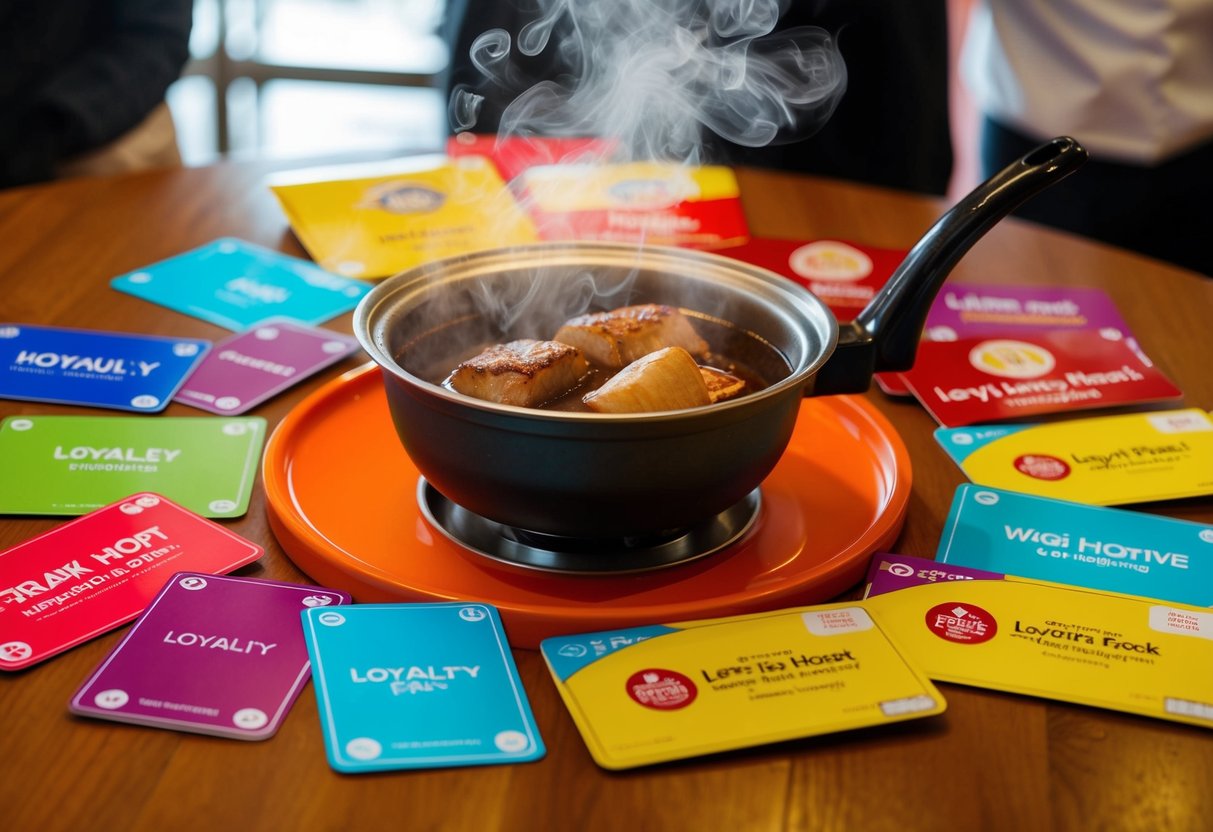 A steaming hotpot surrounded by colorful loyalty cards and promotional signs