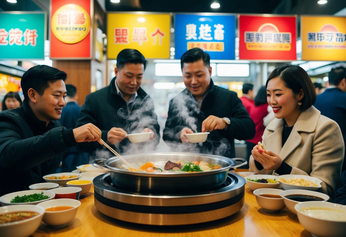 A steaming hotpot surrounded by colorful promotional signs and banners. Customers enjoying the variety of ingredients and dipping sauces