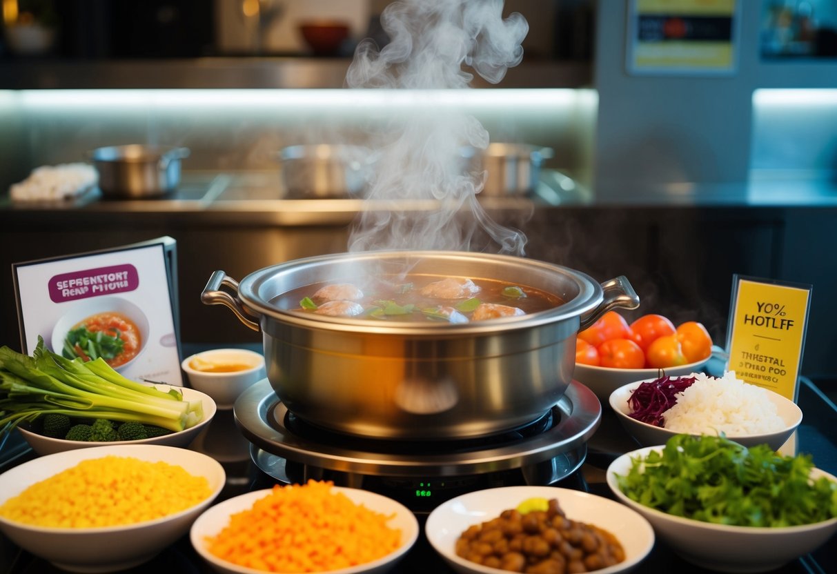 A steaming hotpot surrounded by various fresh ingredients and promotional signs