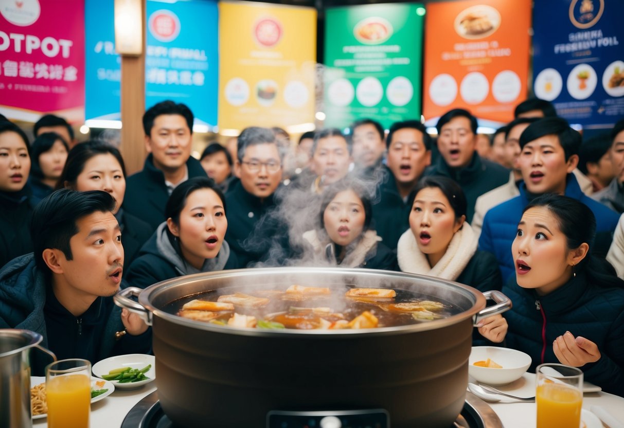 A steaming hotpot surrounded by colorful promotional banners and a crowd of eager customers with questioning expressions
