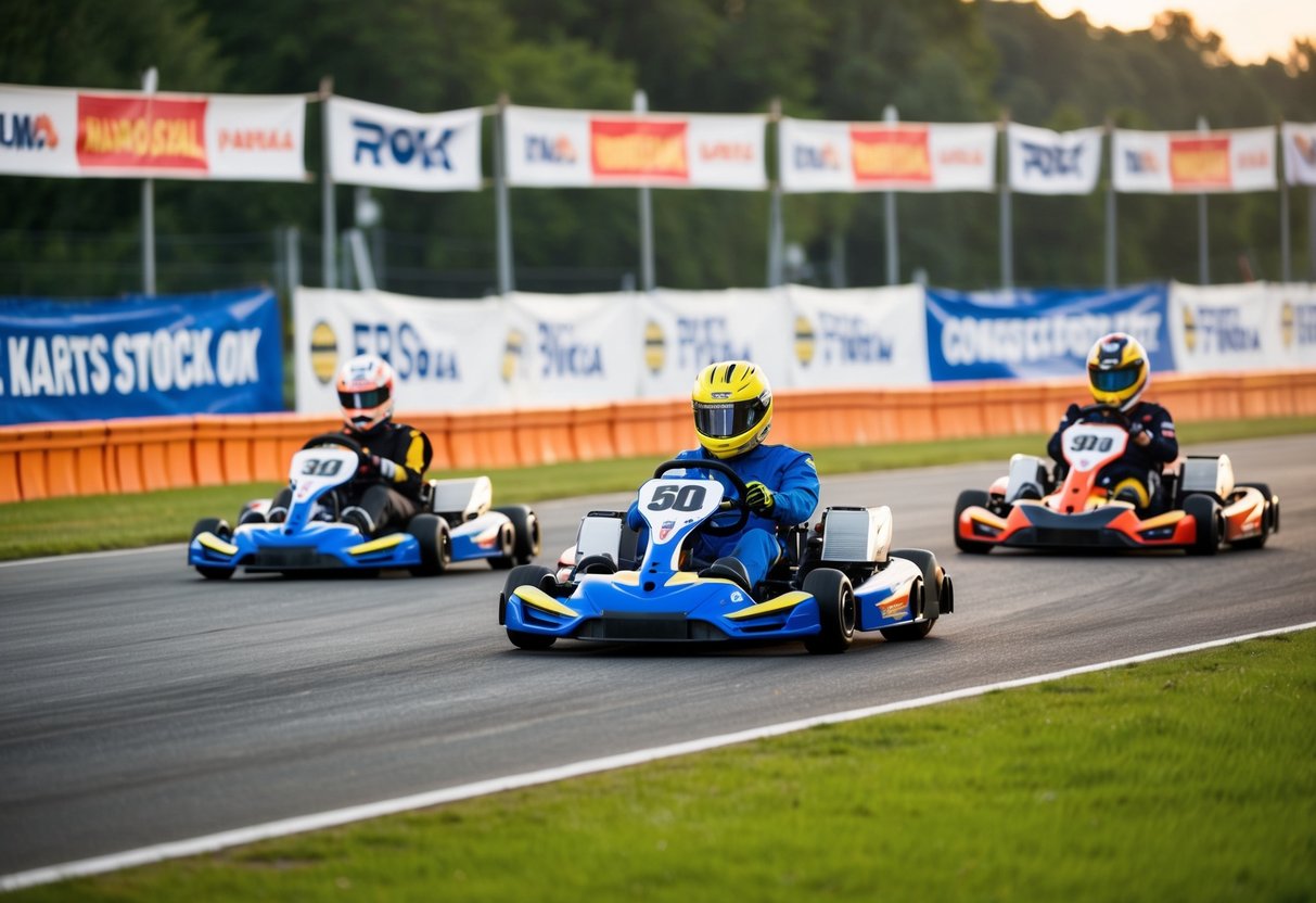 Go karts racing on a track surrounded by banners and promotional signs