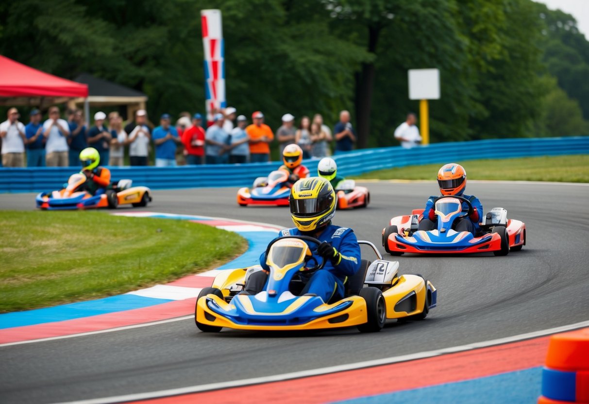 Colorful go karts speeding around a twisty track at Zoom Racing Tracks, with excited spectators watching from the sidelines