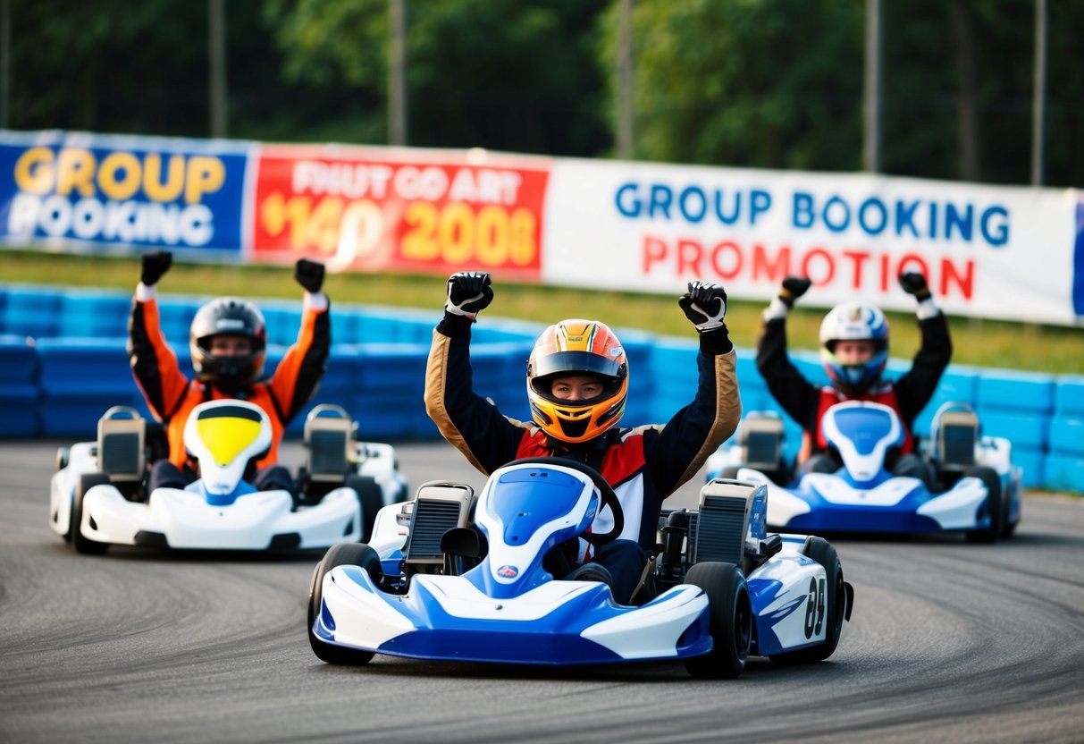 Excited racers celebrating victory on a go kart track, with a group booking promotion banner in the background