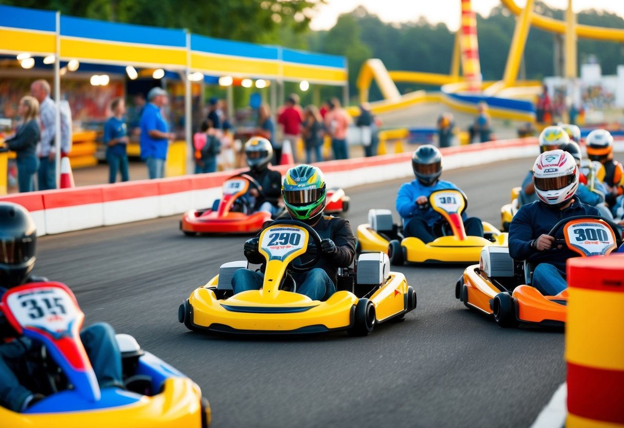 A bustling go kart track on Family Fun Day, with colorful karts zipping around and families enjoying the promotions