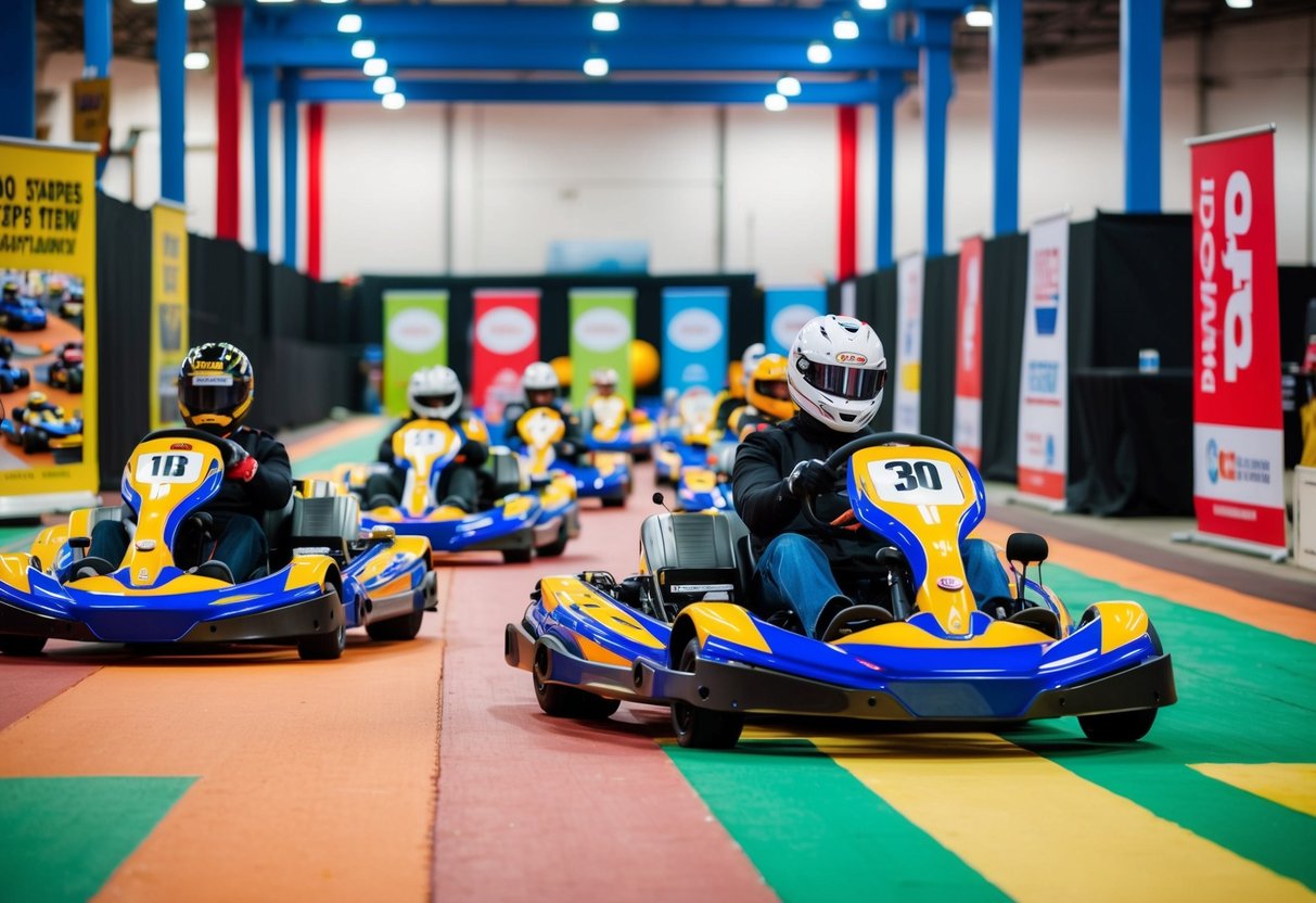 A group of go karts lined up in a colorful, bustling event space with banners and promotional signage displayed around the track