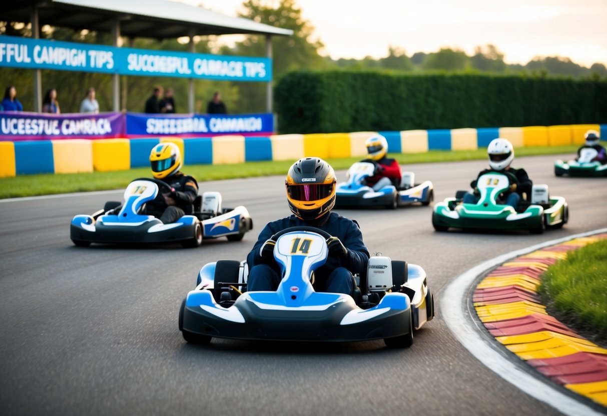 A group of go karts speeding around a track, with colorful banners promoting successful campaign tips lining the edges
