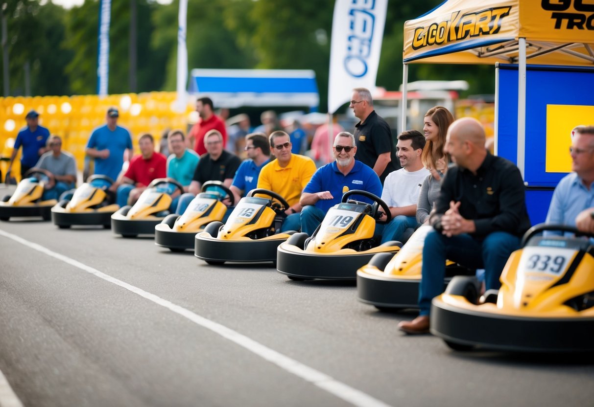 A group of people lining up to ask questions about go kart promotions at a busy event