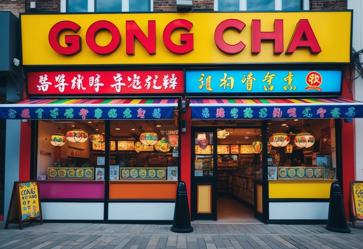 A colorful gong cha store front with enticing promotional signs and vibrant displays