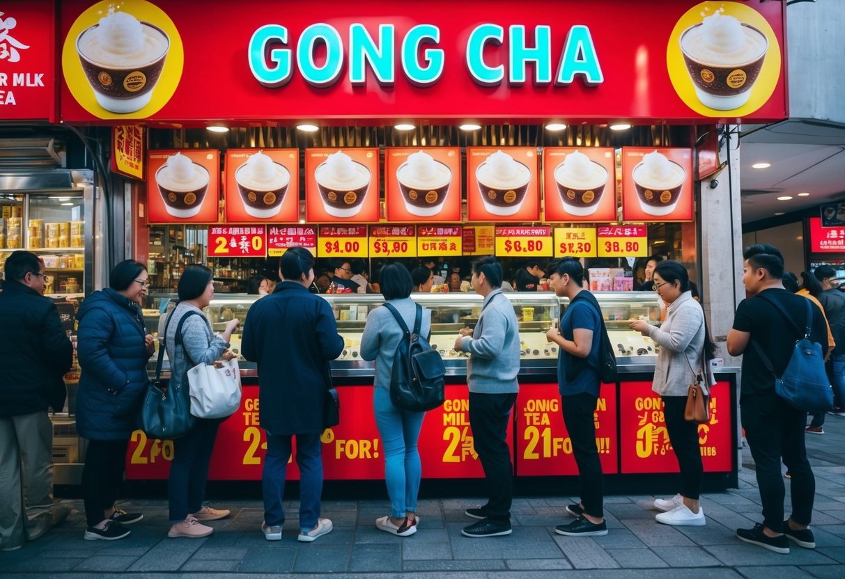 A bustling gong cha store with a vibrant display of pearl milk tea promotions. Customers line up for the 2-for-1 deal