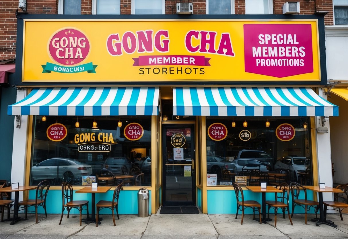 A colorful gong cha storefront with a large sign advertising special member discounts and promotions. Tables and chairs outside