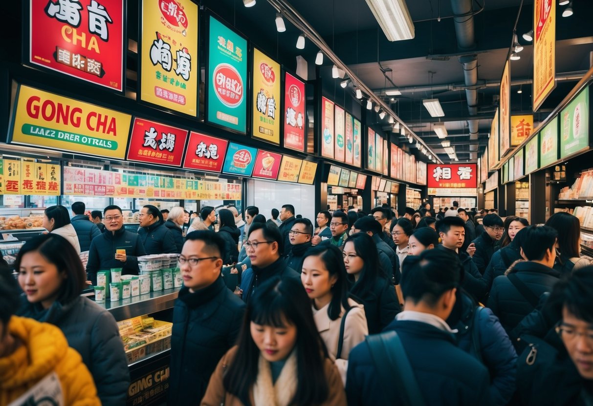 A bustling Gong Cha store with colorful promotional posters and banners displayed throughout the space. Customers line up eagerly to take advantage of the latest deals and offers