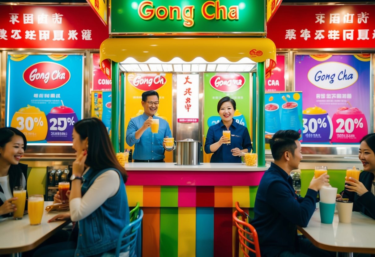 A colorful Gong Cha kiosk with vibrant promotional banners and happy customers enjoying discounted drinks
