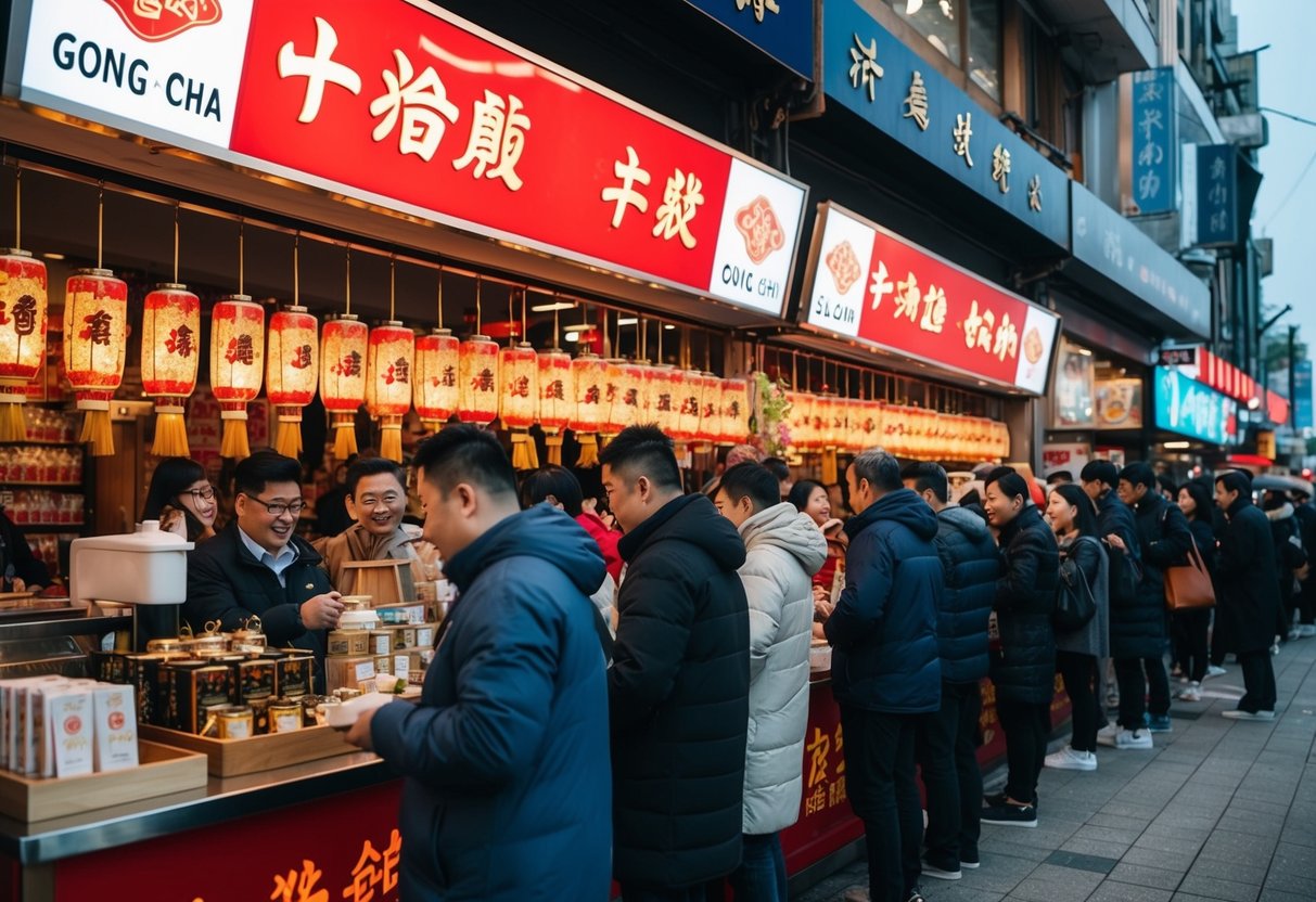 A bustling gong cha store with customers lined up for promotions