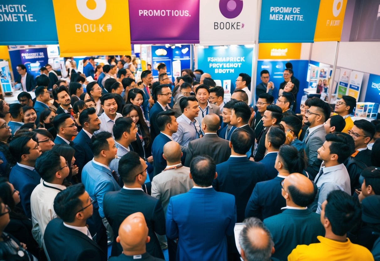 A crowd of people gathered around a promotional booth, with banners and merchandise on display. Bright colors and energetic atmosphere