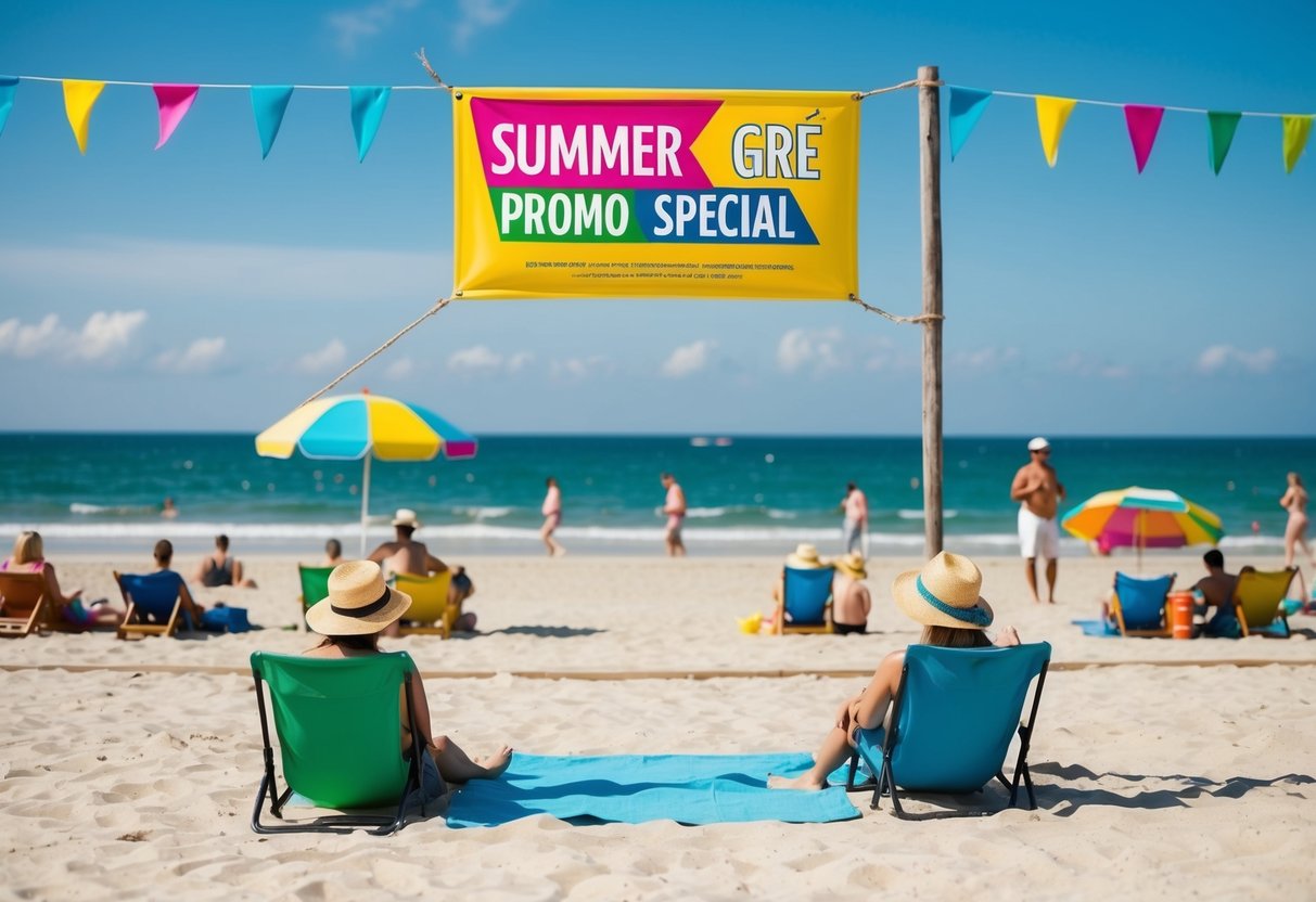 A sunny beach with a colorful banner advertising "Summer GRE Promo Special" with people enjoying the sand and sea