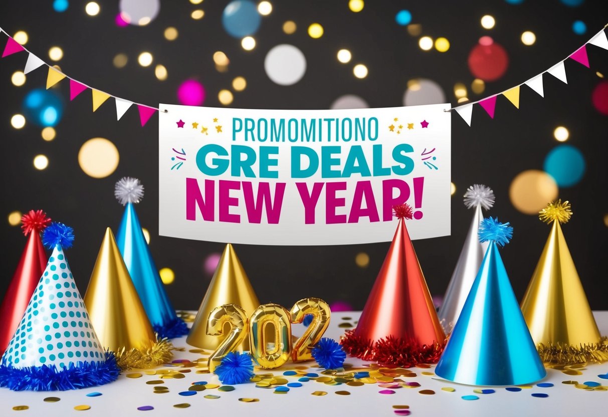 A festive scene with confetti, party hats, and a banner promoting GRE deals for the New Year