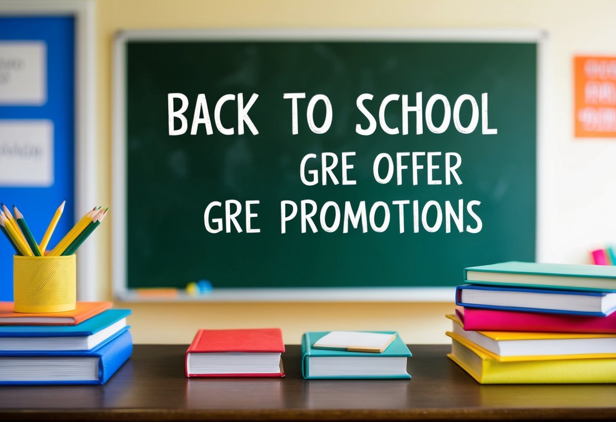 A colorful classroom with books, pencils, and a chalkboard with "Back to School GRE Offer" and "gre promotions" displayed