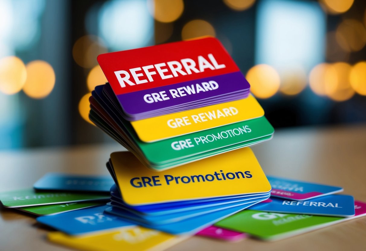 A stack of colorful gift cards with the words "Referral GRE Reward" and "gre promotions" displayed prominently