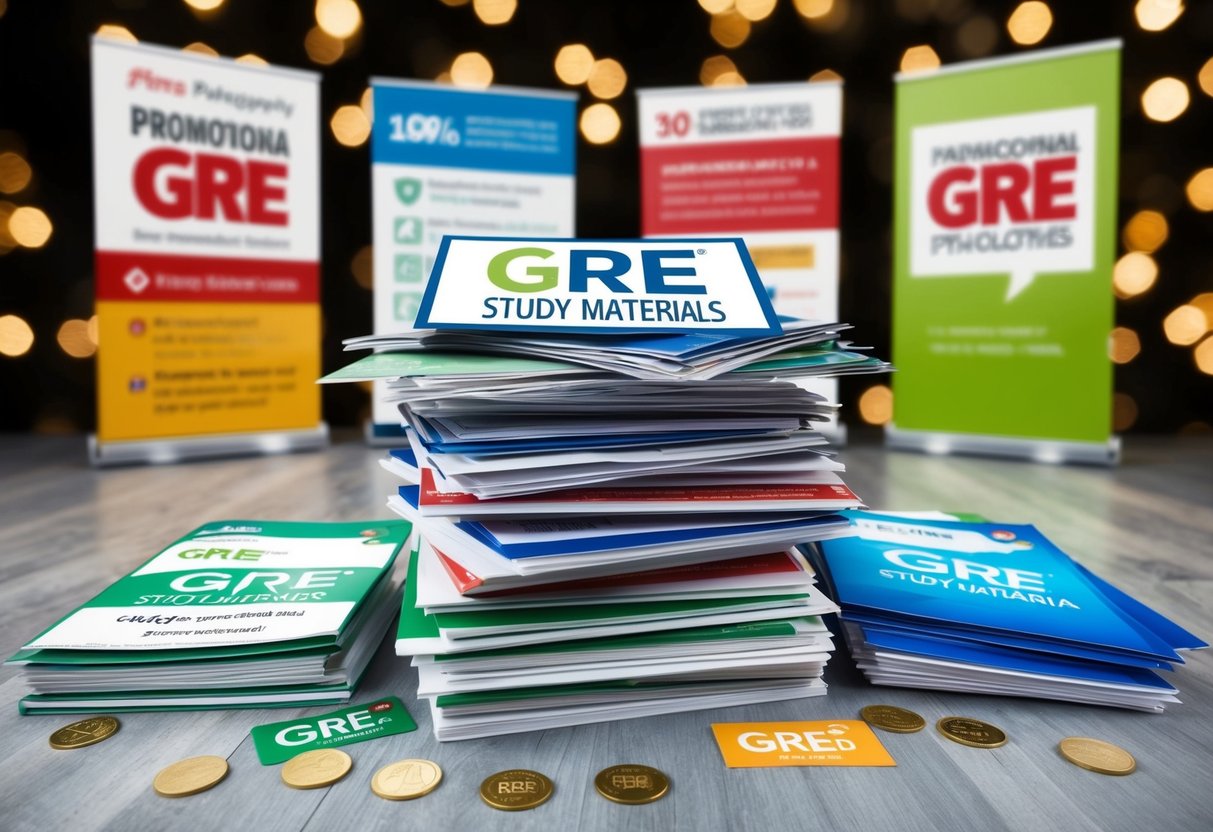 A stack of GRE study materials surrounded by promotional banners and discount offers