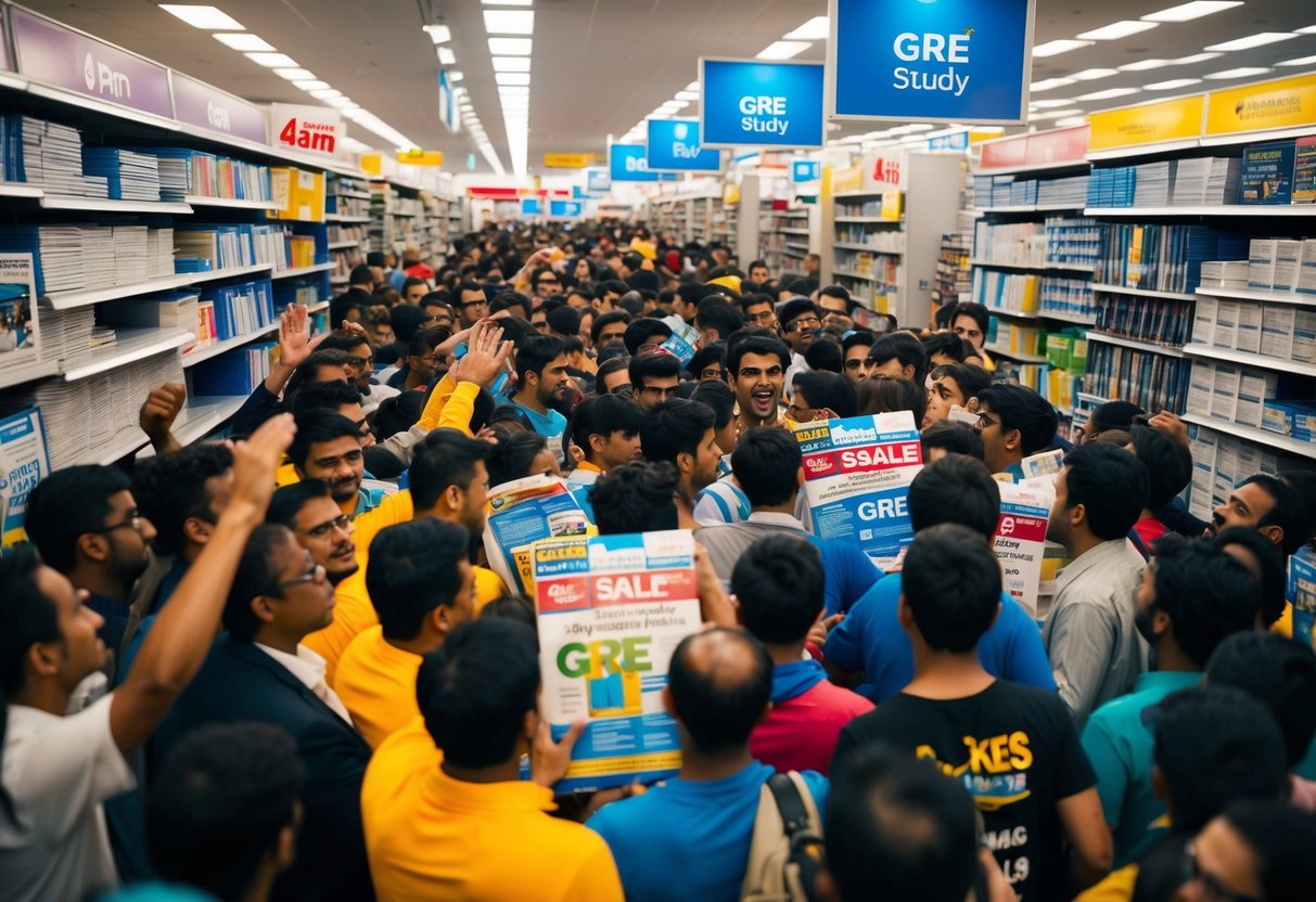 A chaotic crowd floods into a store, grabbing GRE study materials on sale. Shelves are emptied, and excited shoppers fill the aisles