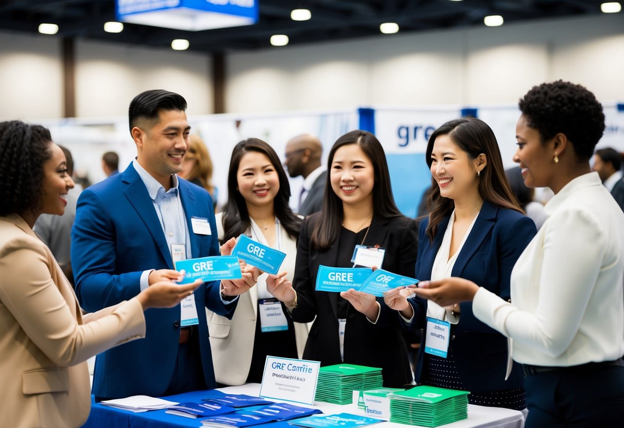 A group of people receiving promotional items and information about GRE benefits at a booth during a career fair