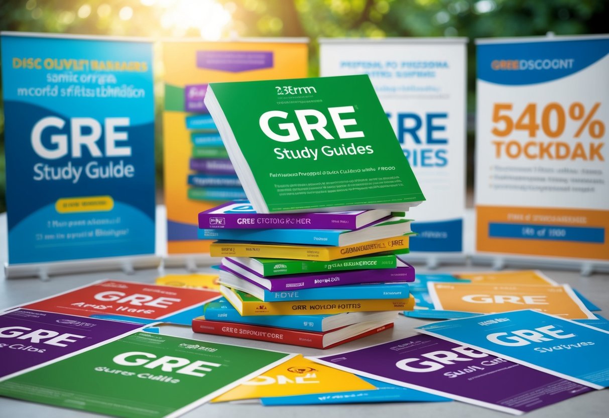 A stack of colorful GRE study guides surrounded by discount banners and promotional flyers