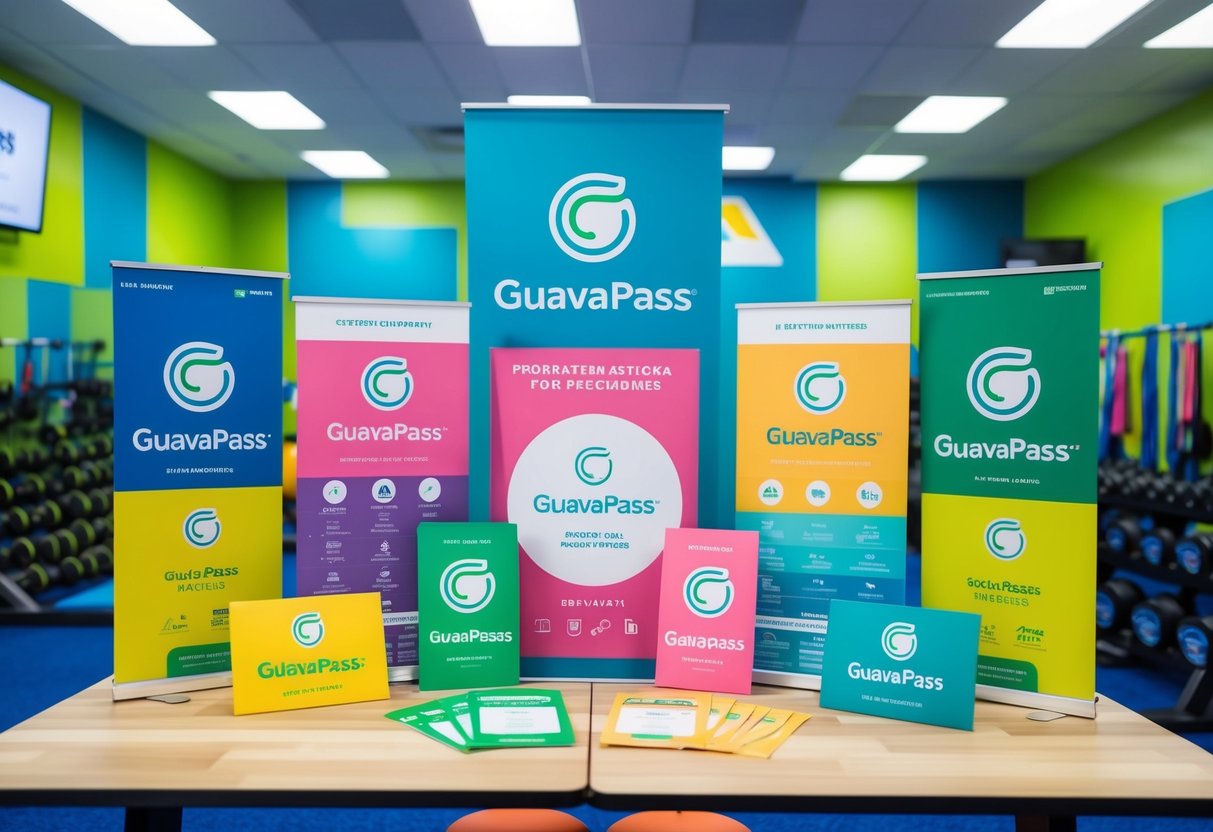 A colorful array of promotional materials for GuavaPass, including flyers, banners, and merchandise, displayed in a vibrant fitness studio