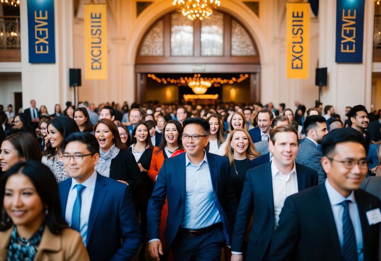 A crowd of people eagerly entering a grand venue with banners and decorations for an exclusive event