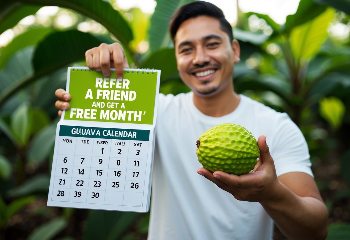 A smiling person holding a guava fruit and pointing to a calendar with a "Refer a Friend and Get a Free Month" promotion