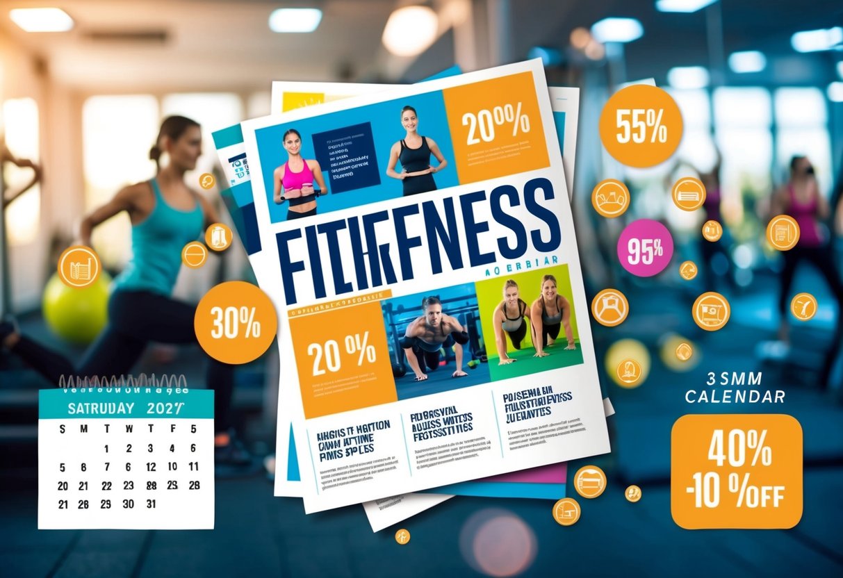 A colorful flyer with bold text and images of various fitness activities, surrounded by discount icons and a calendar
